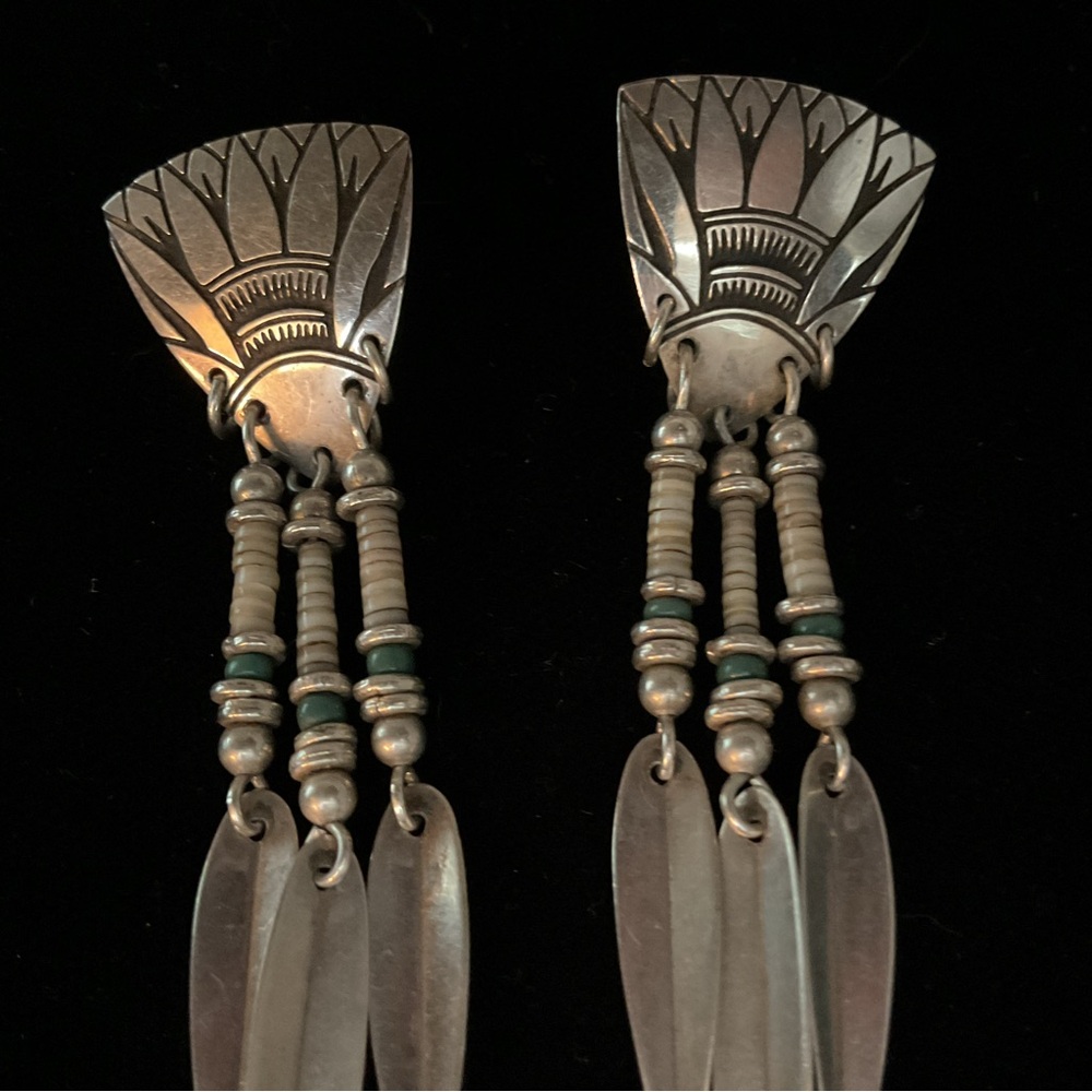 NAVAJO Heishi Beads Sterling Silver Dangle Feather Earrings Signed 925
